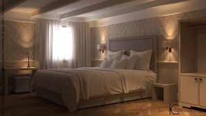 A modern bedroom with a large bed, bedside tables, and a nightstand. - Hotel Bartolomeo (Venice)