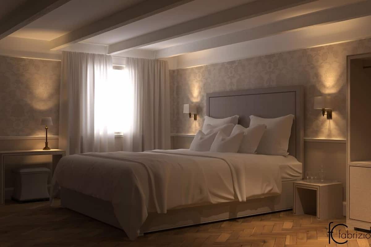 A modern bedroom with a large bed, bedside tables, and a nightstand.