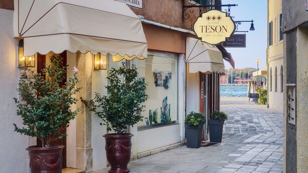A narrow street with a hotel named 'TESON' and a bar. There are potted plants along the sidewalk. - Hotel Al Nuovo Teson (Venice)