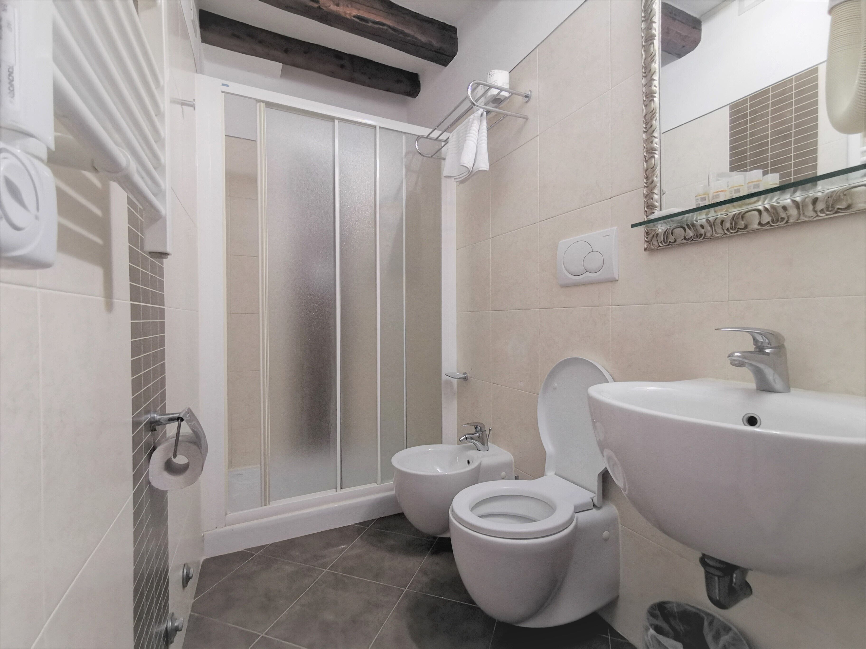 shower, free toiletries, hair dryer, bidet