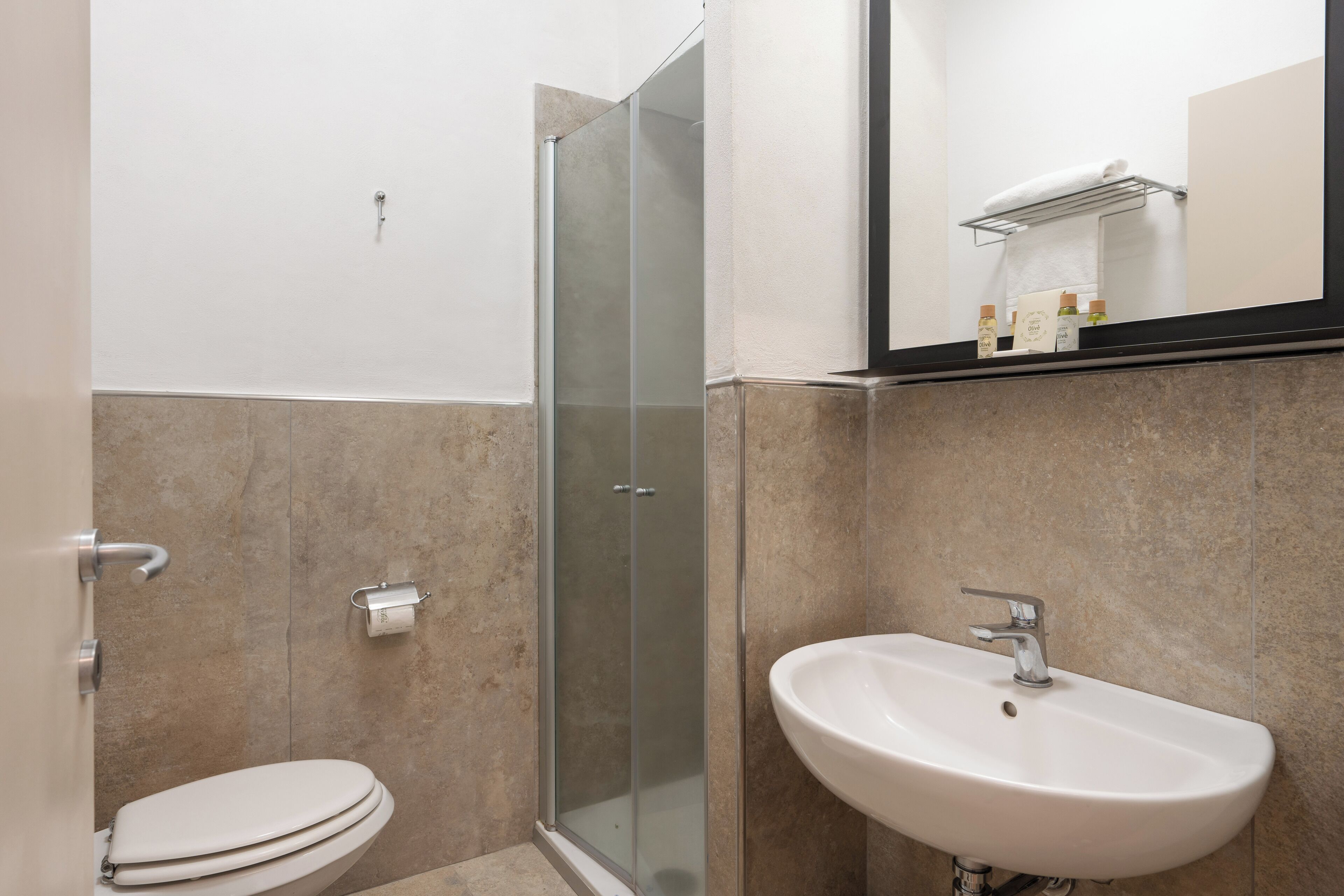 A bathroom with a toilet, a sink, a glass shower enclosure, and a mirror with a towel rack.