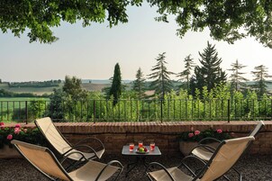 Una terrazza con sedie in vimini, un tavolo con bevande e frutta, e vista su un paesaggio verde con alberi e colline.