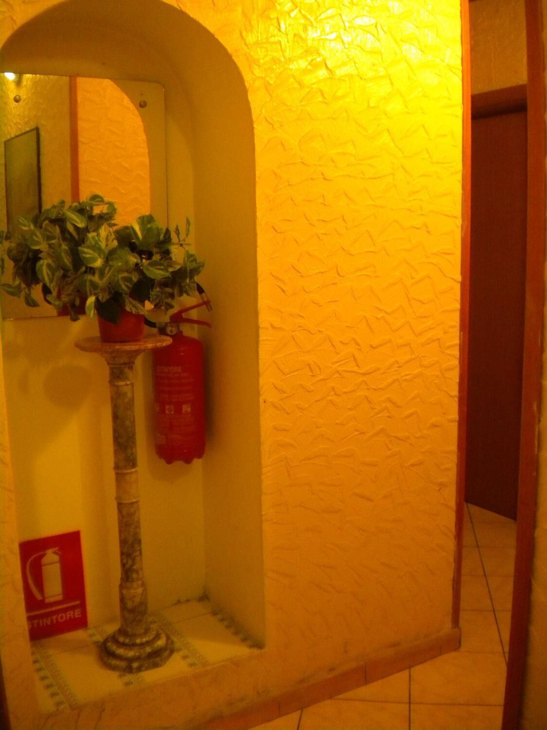 A hallway with a tiled floor, a potted plant, and a fire extinguisher.