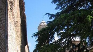 Una calle estrecha con edificios de piedra, una estructura con cúpula y un árbol en primer plano.