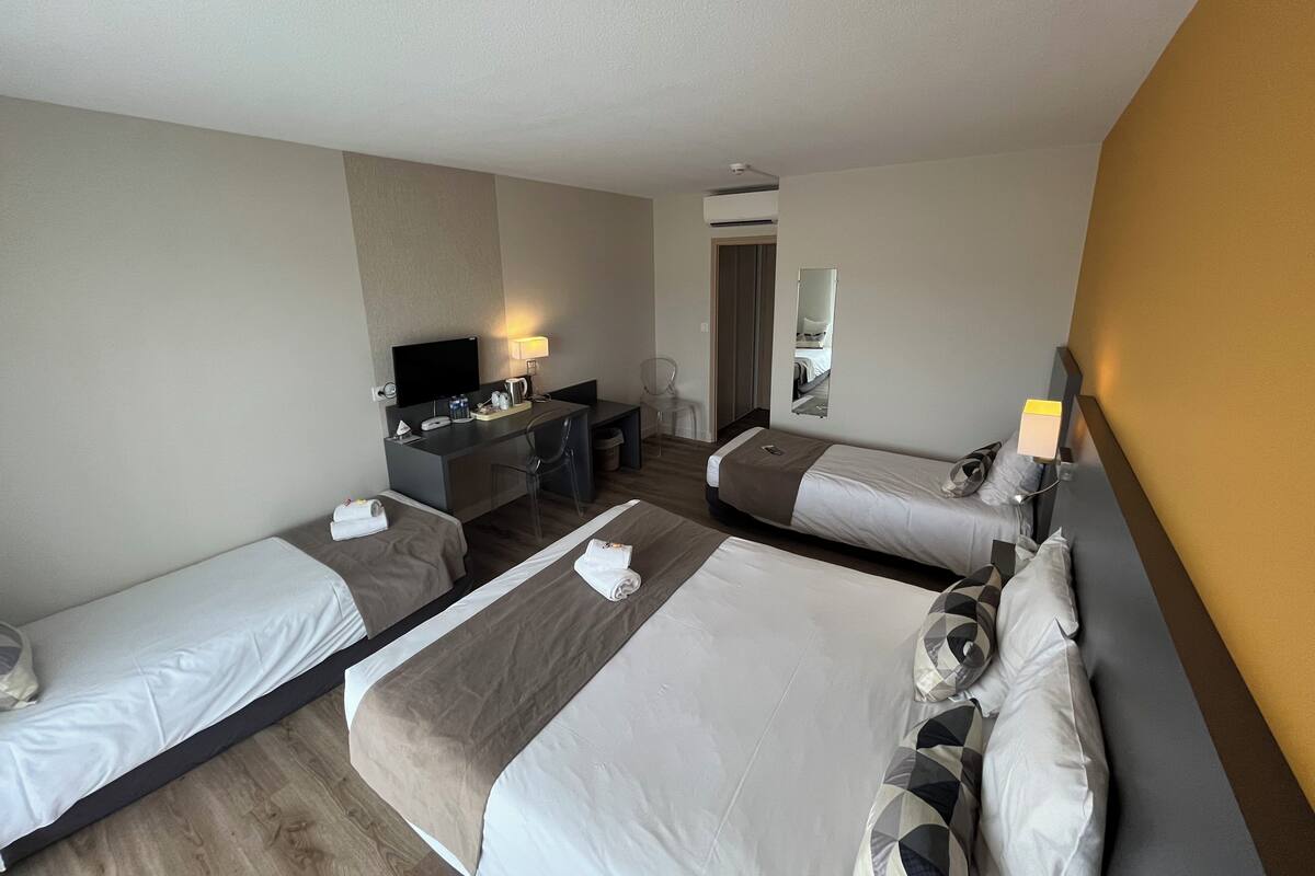 A hotel room with two beds, a desk, a chair, a television, and a mirror.