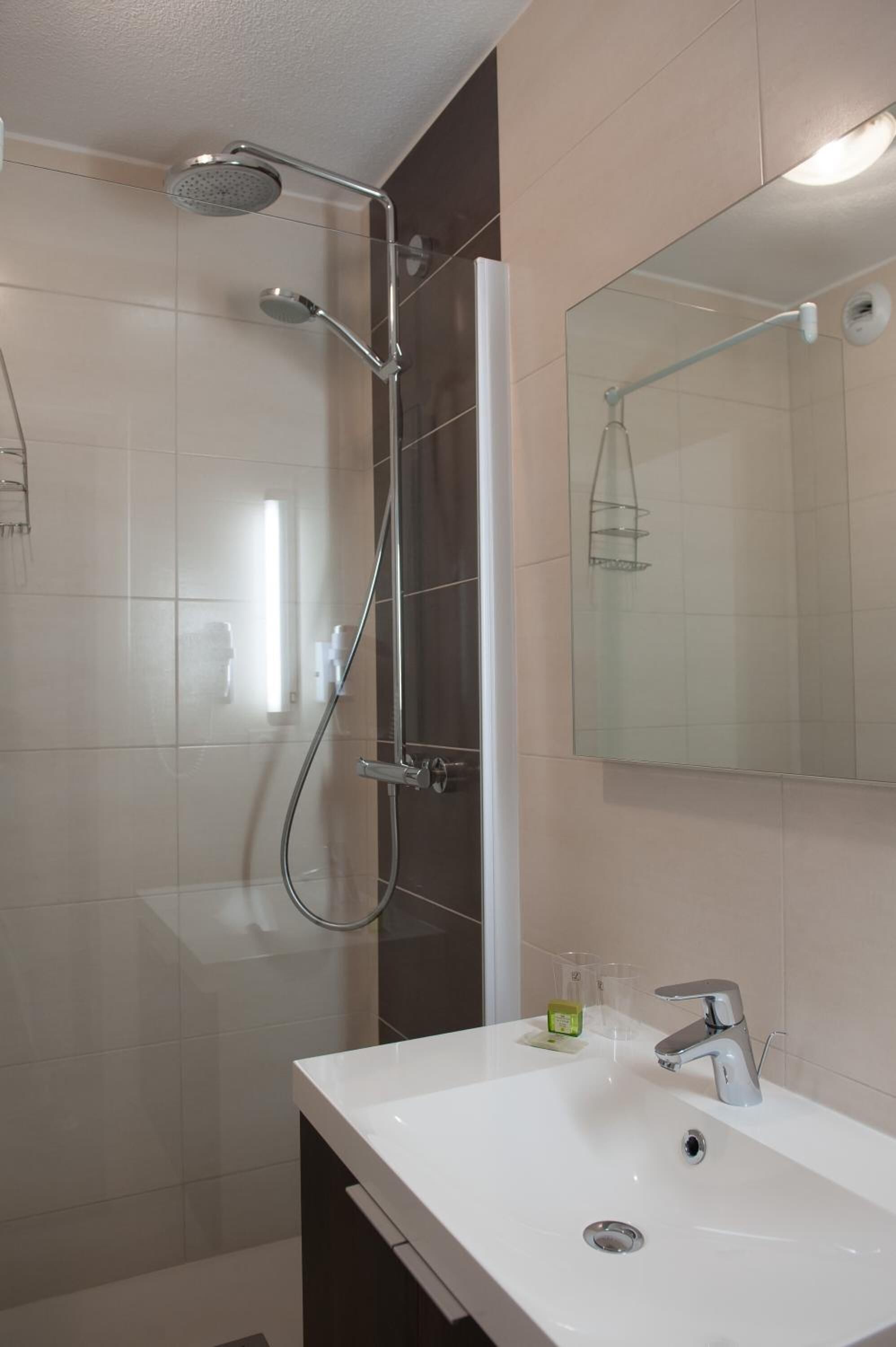 A modern bathroom with a shower, a sink, and a mirror.