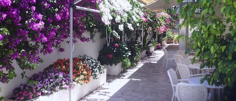 Un espacio de estar techado al aire libre con sillas y mesas blancas, rodeado de macetas con diversas flores y plantas.