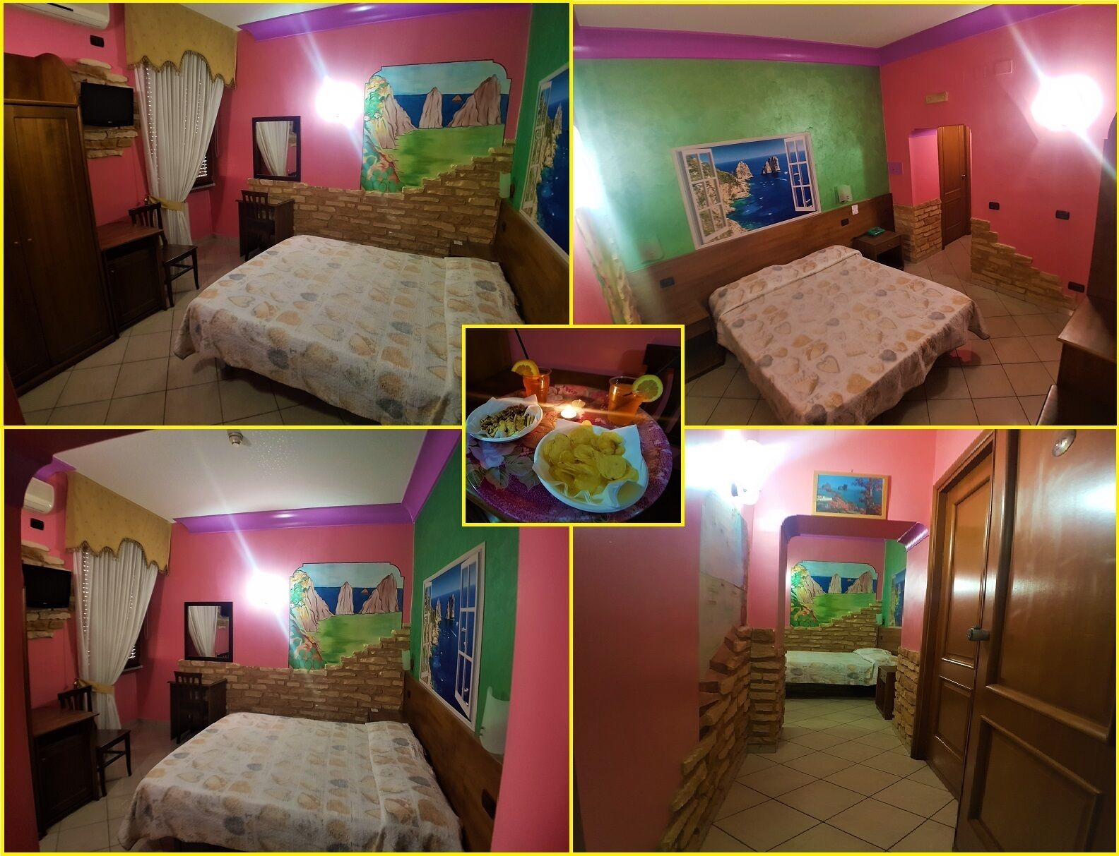 Una habitación con cama, escritorio, silla, televisión y ventana con cortinas.