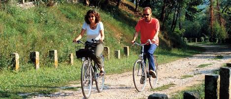 Dos personas andan en bicicleta por un camino de grava rodeado de vegetación.