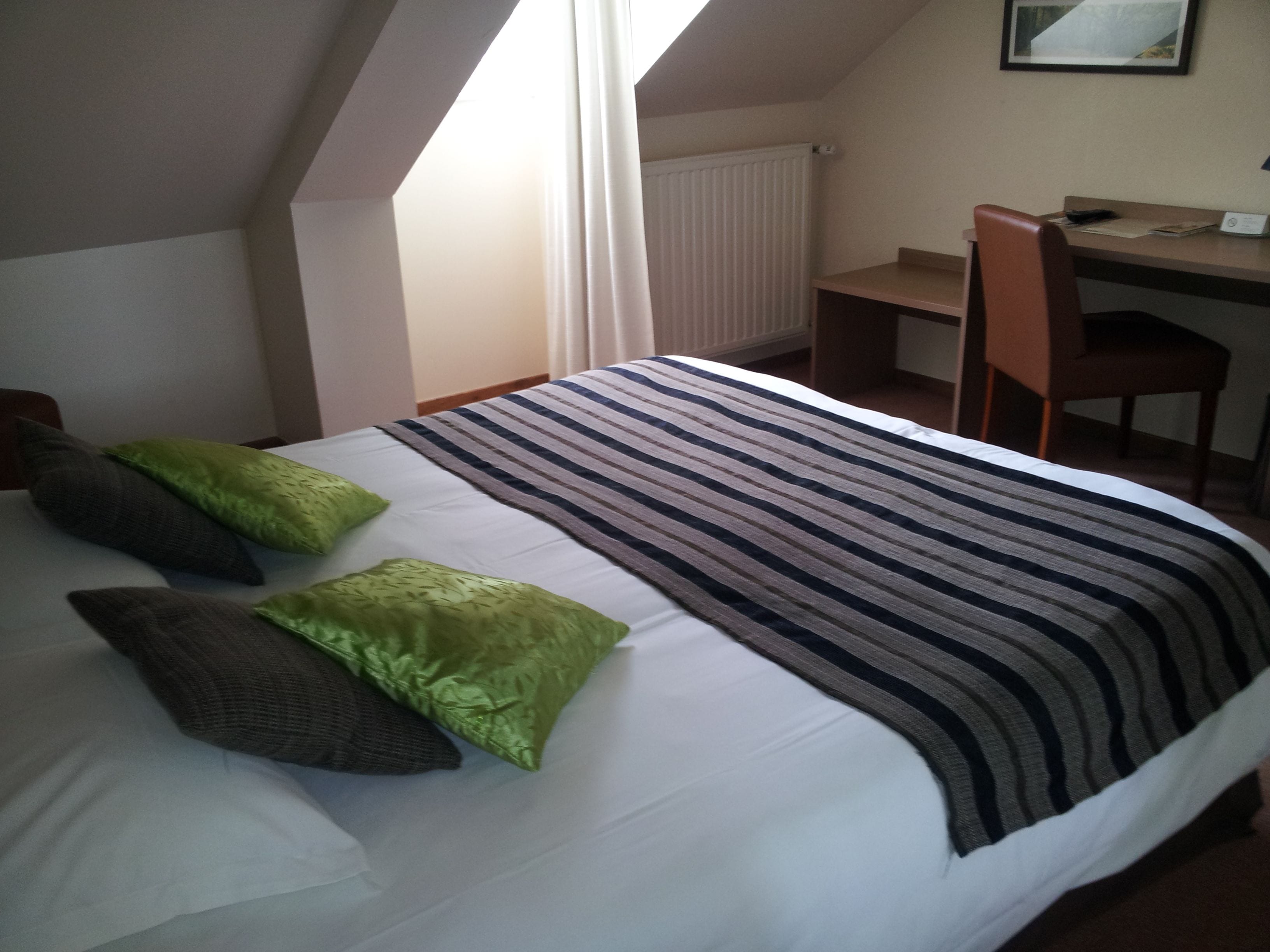 Un dormitorio con cama, escritorio y silla.