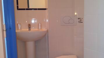 A bathroom with a sink, toilet, and a mirror.