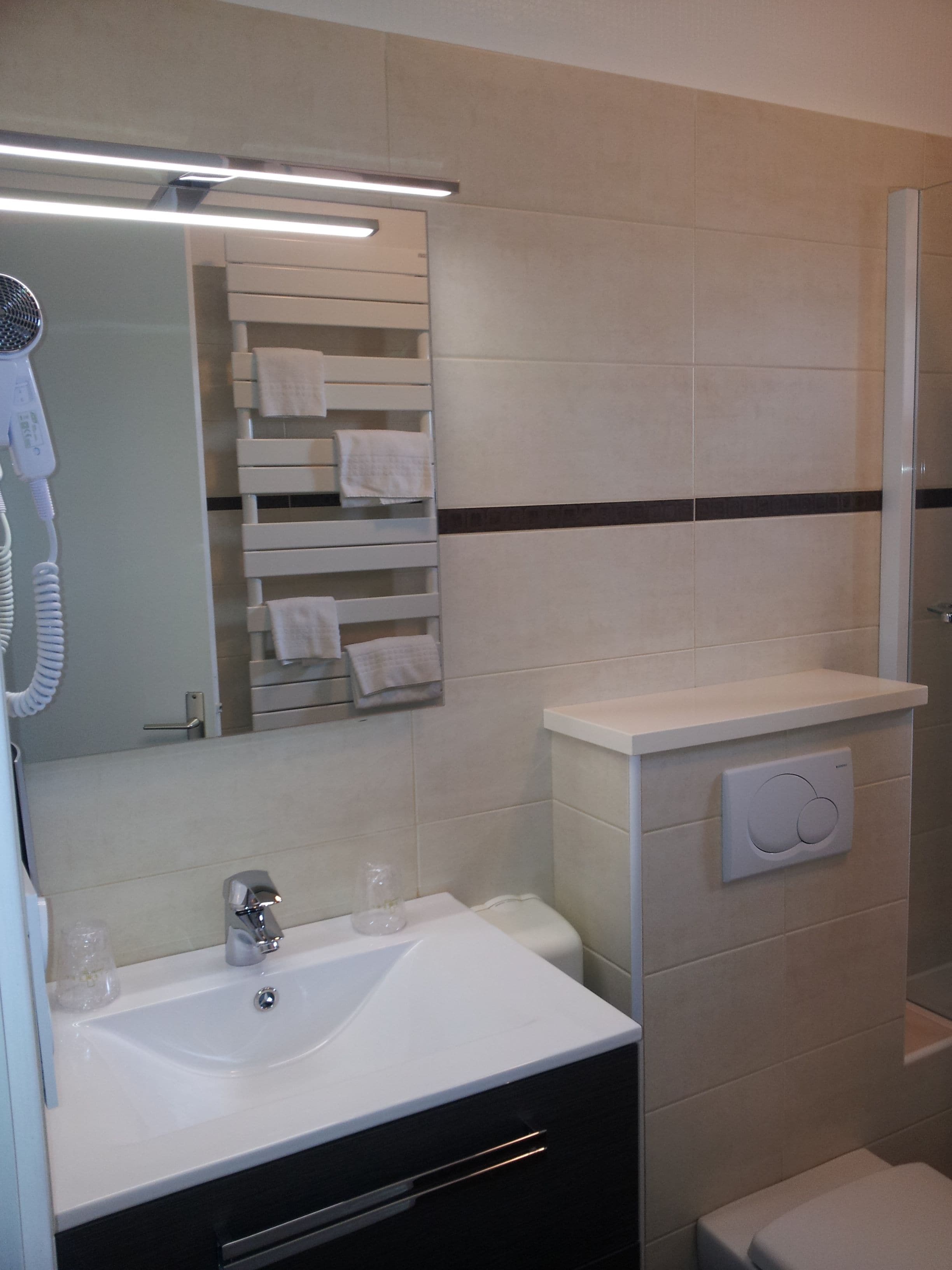 Een badkamer met een witte wastafel, een spiegel, een haardroger, een handdoekrek en een toilet.