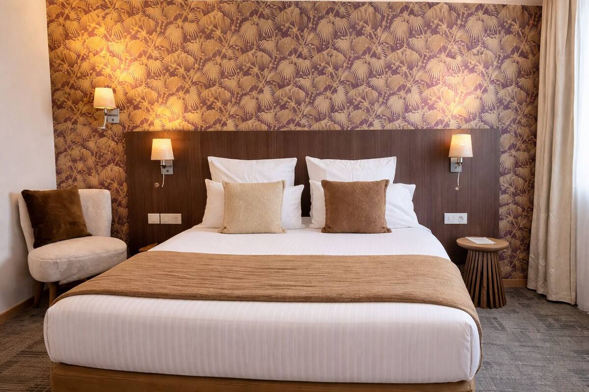 Habitación de hotel con una cama grande, dos lámparas de pared, una mesita redonda y una silla.