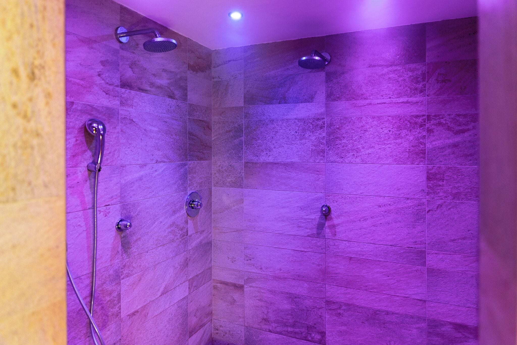 A shower with a handheld showerhead and a wall-mounted showerhead, both with metallic finishes.