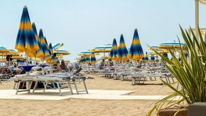 Uma praia com fileiras de espreguiçadeiras e guarda-sóis azuis e amarelos.