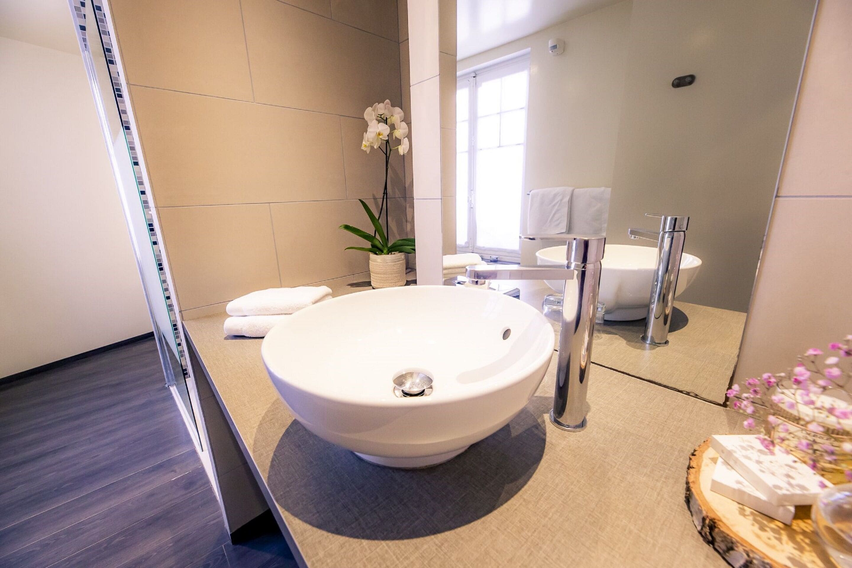 A modern bathroom with a large white sink, a mirror, and a potted orchid.