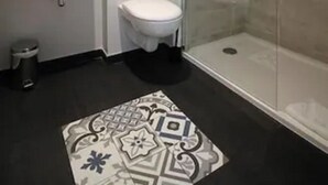 Un baño con ducha envuelta en vidrio, un inodoro blanco y un lavabo con espejo superior.