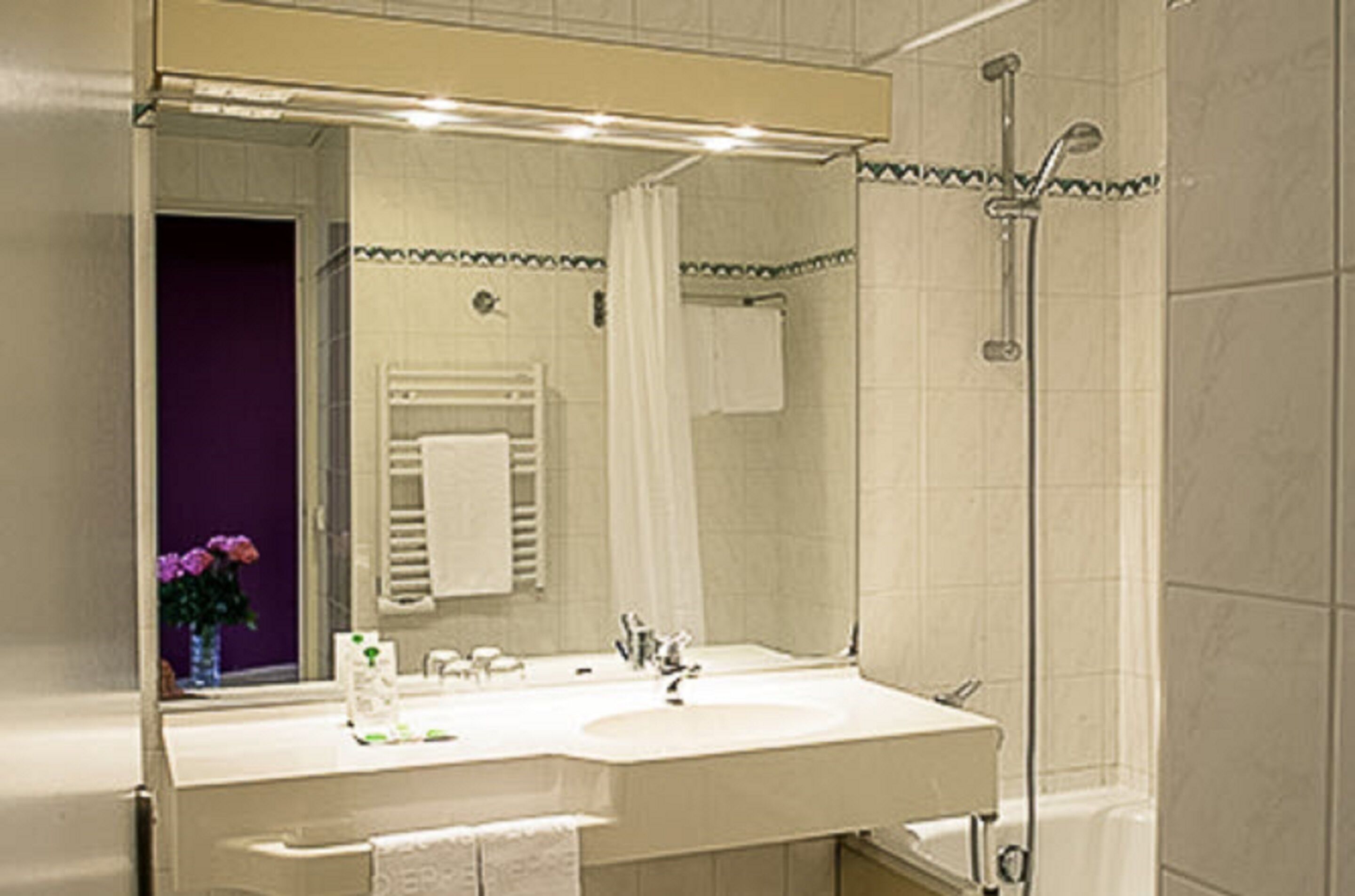 Combined shower/bathtub, free toiletries, hair dryer, towels