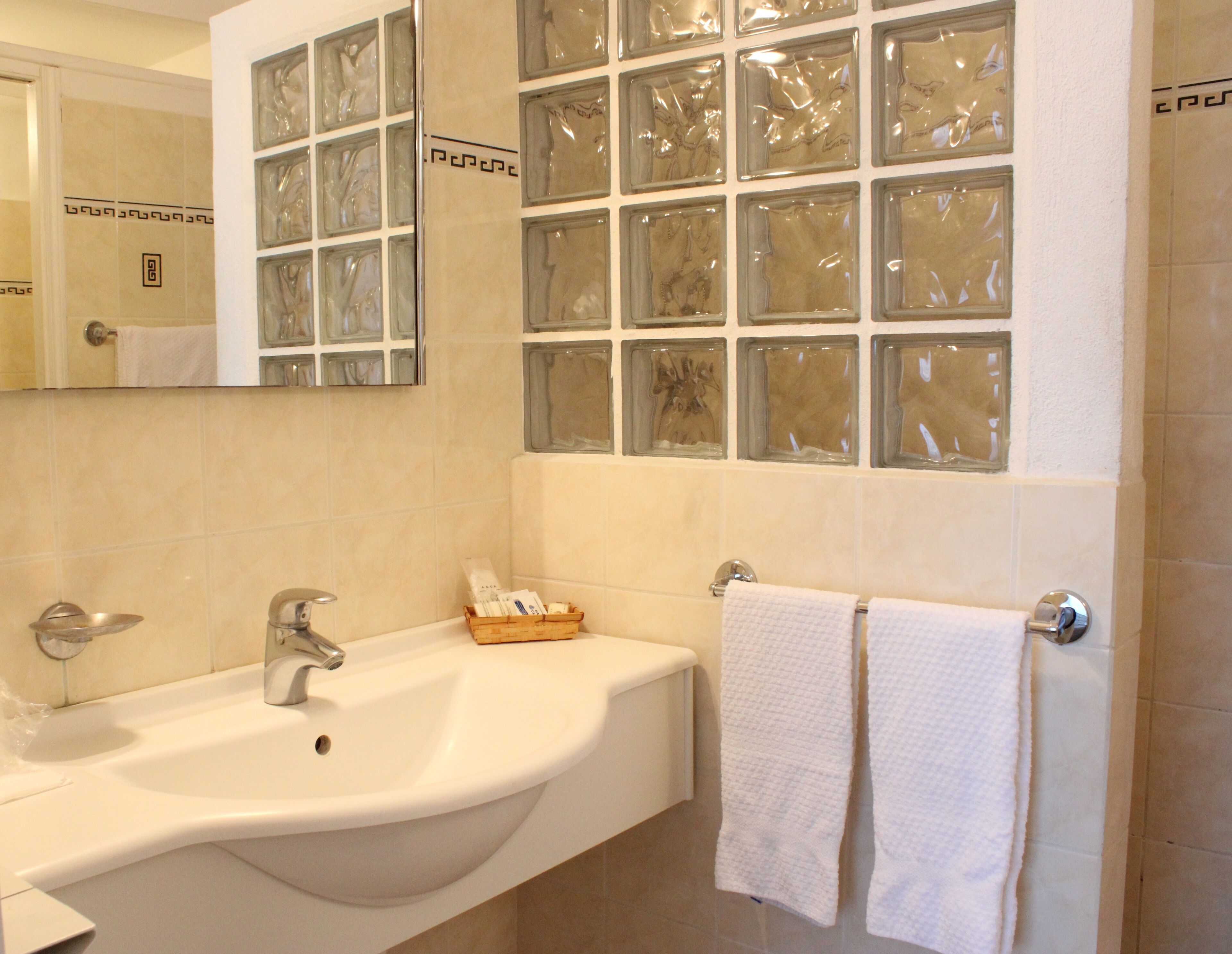 A bathroom with a white sink, a mirror, and a window with frosted glass panels.