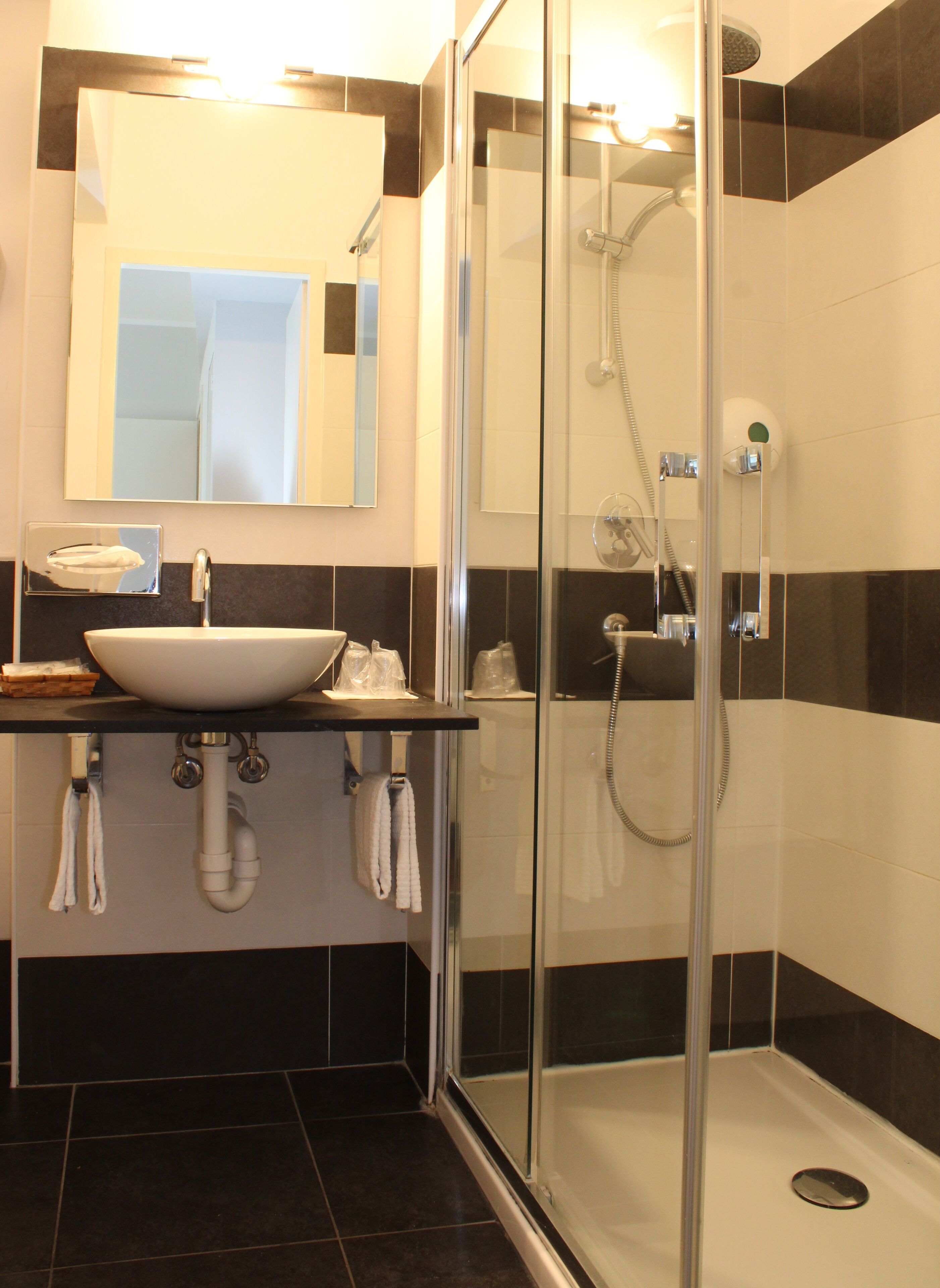 A modern bathroom with a glass-enclosed shower, a white sink, and a mirror above the sink.