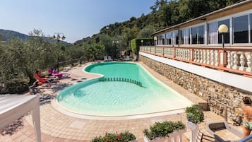 Outdoor pool, pool umbrellas, pool loungers