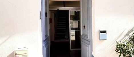 A doorway with a small mailbox and a plant to the right.