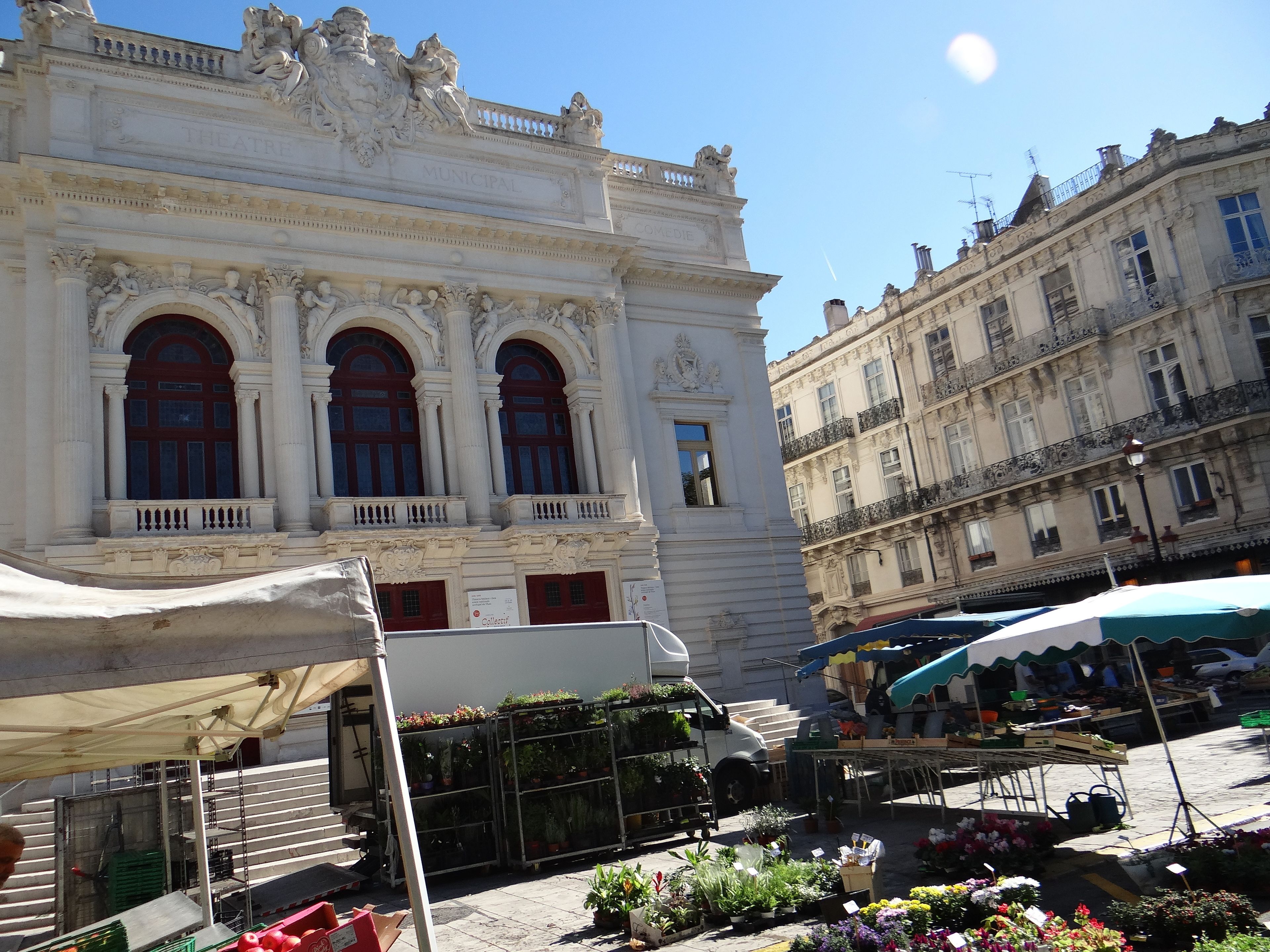 A historic building with ornate architecture, a covered outdoor market with plants and flowers, and a clear blue sky.