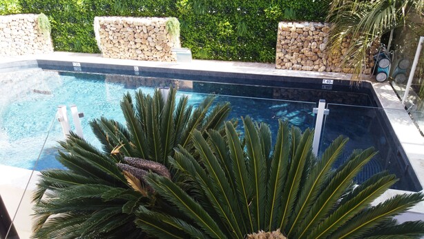 A swimming pool with a stone wall and palm trees.