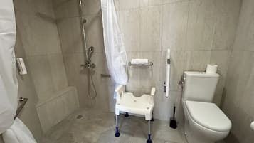 A bathroom with a shower, toilet, and a handrail.