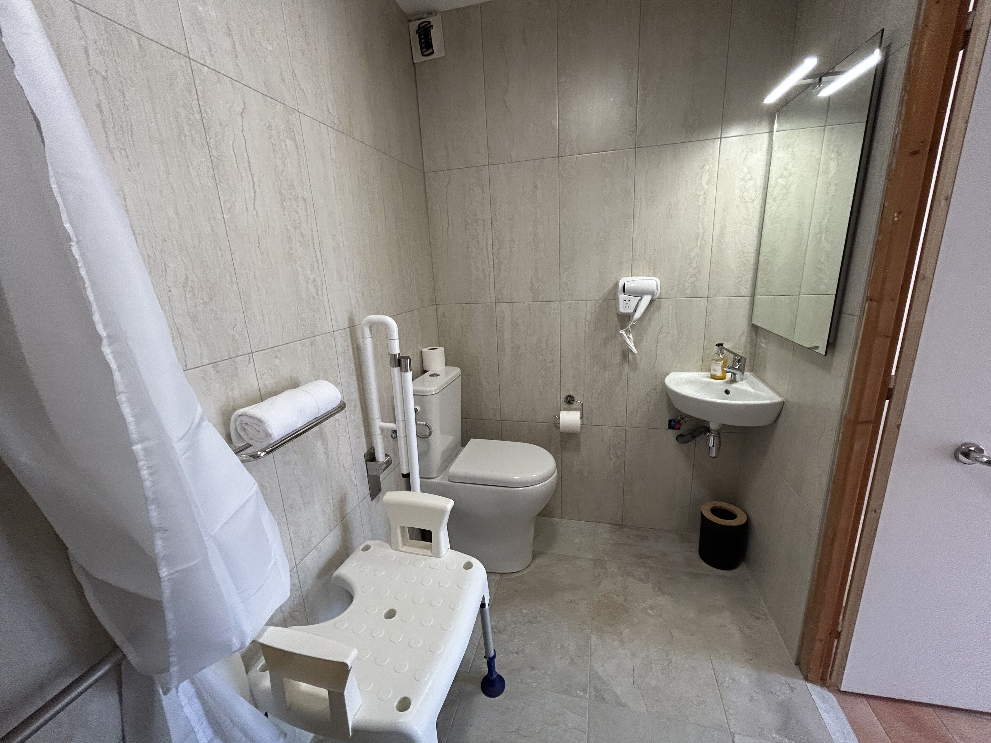 Een badkamer met toilet, wastafel, douche en een greep.