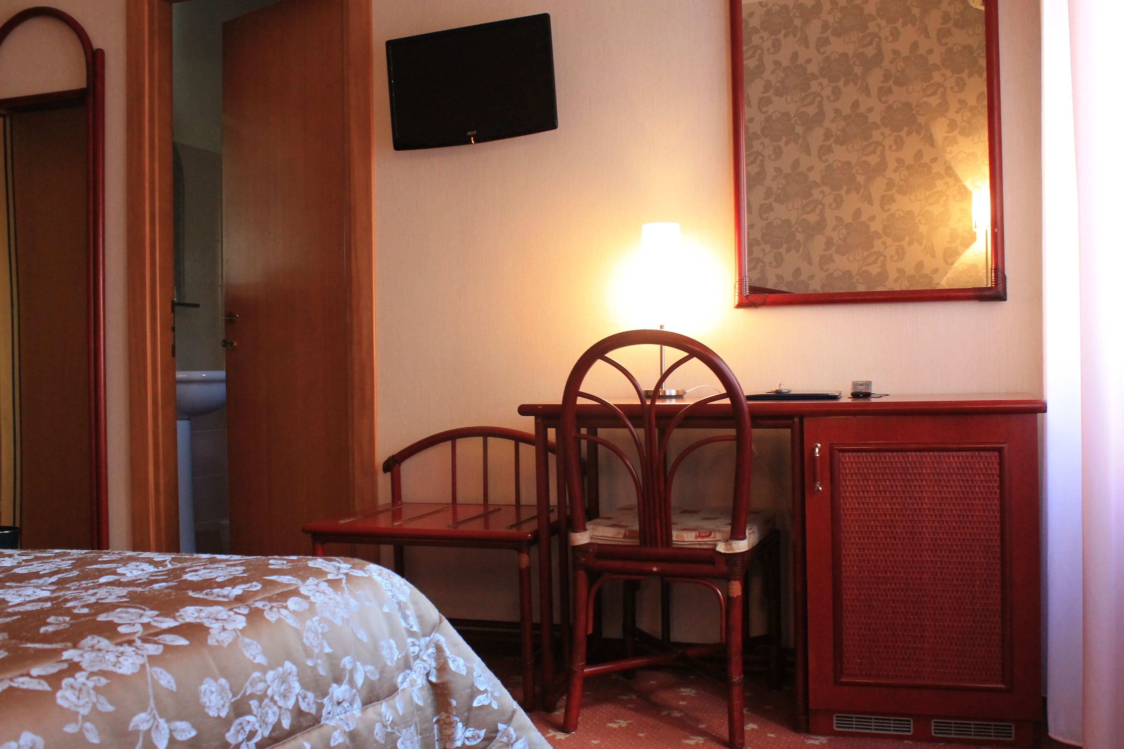 A hotel room with a bed, a desk, a chair, a television, and a mirror.