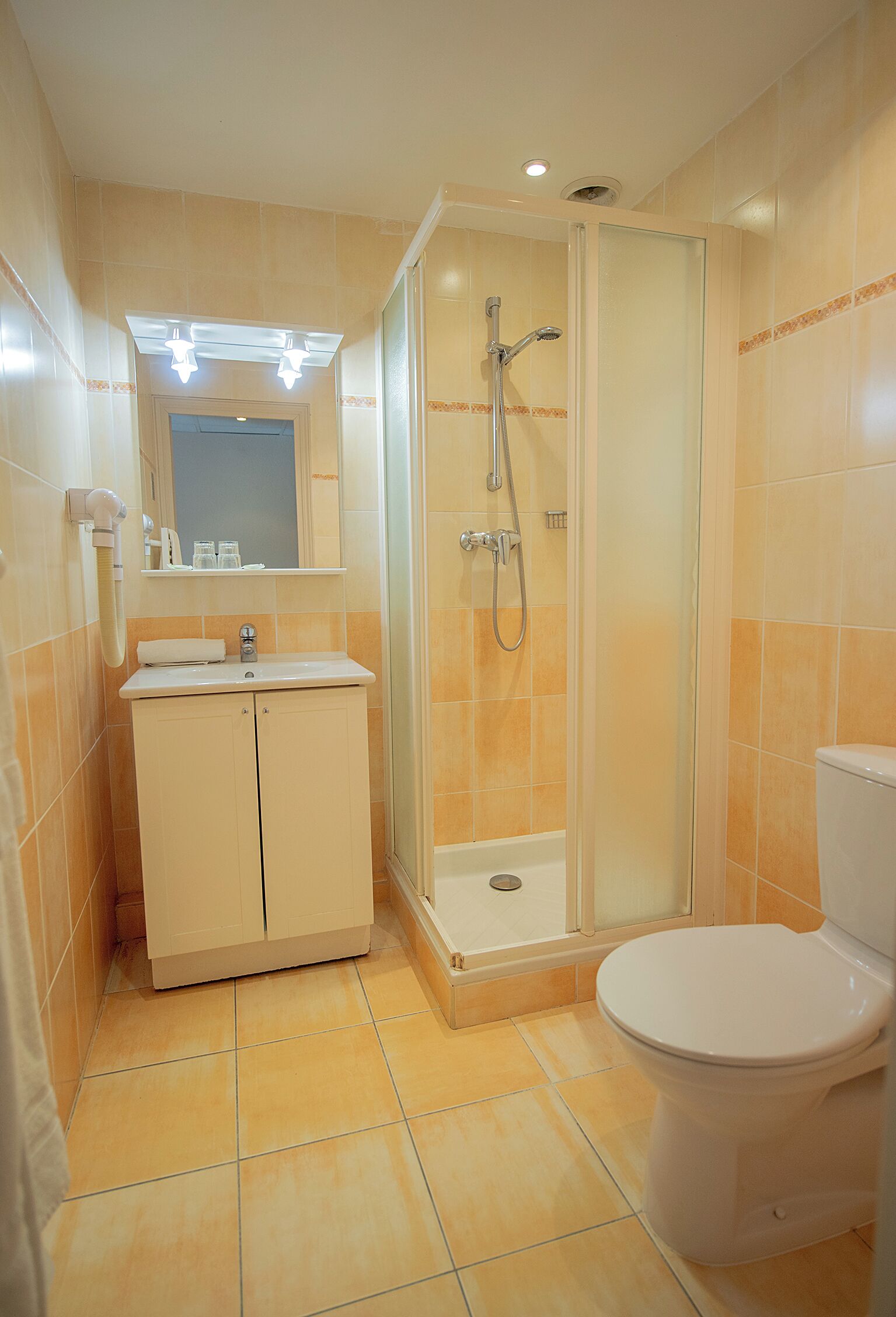 A bathroom with a shower, toilet, sink, and mirror.