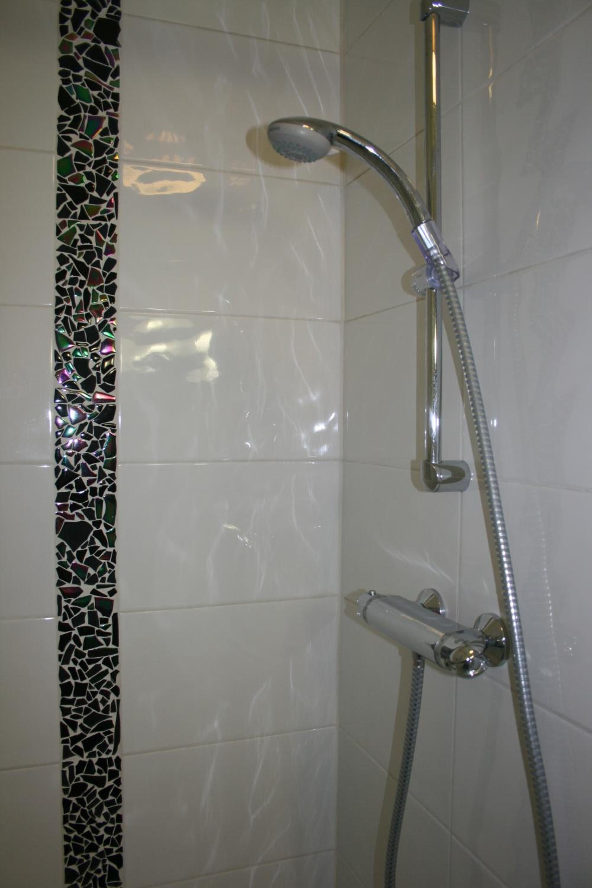 A shower with a chrome faucet and hose, adjacent to a wall with a mosaic tile border.