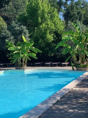 A swimming pool with a tiled edge, surrounded by lush green trees and potted plants. - Veio Residence Resort (Rome)