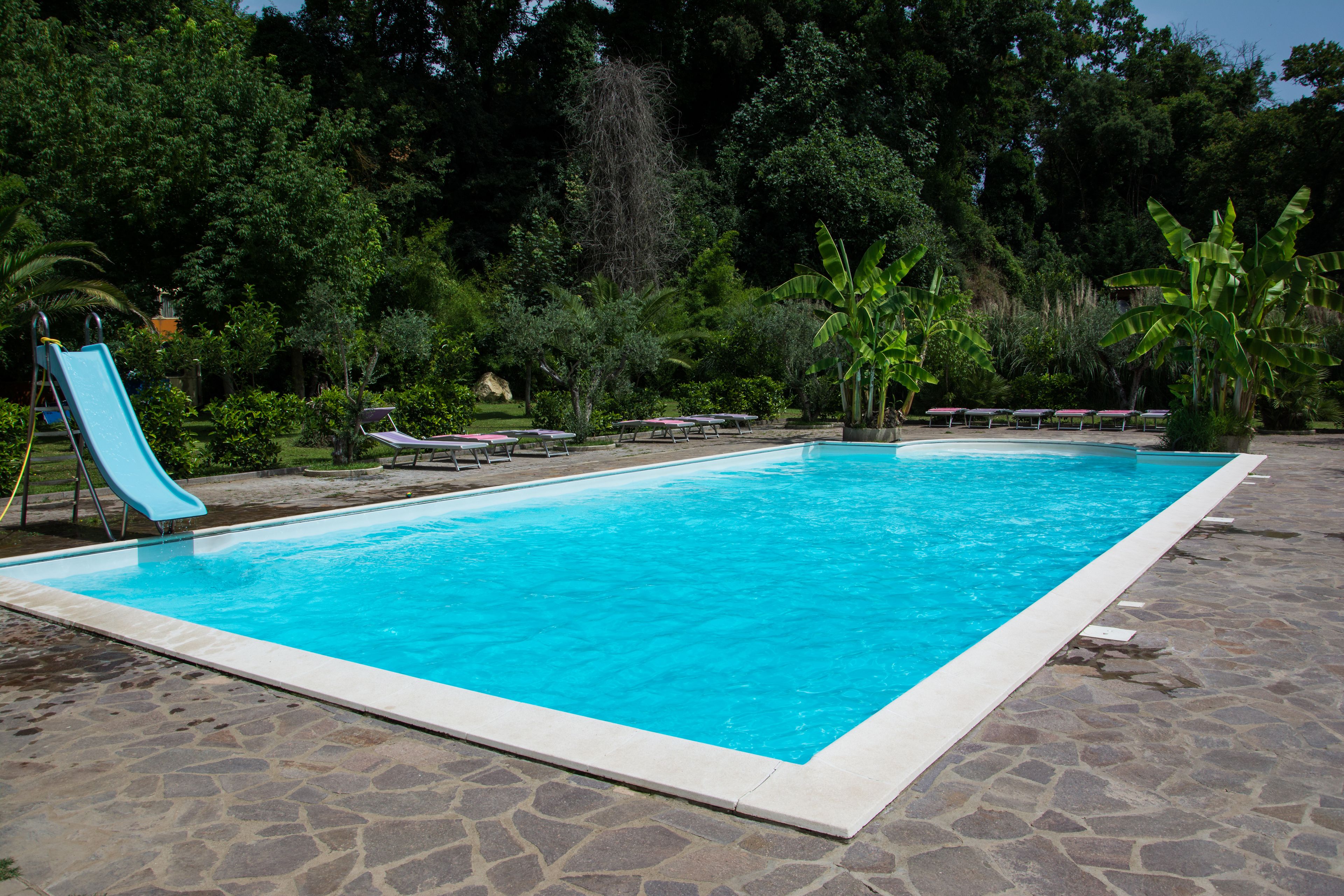 Piscina rectangular con solárium empedrado, rodeada de exuberante vegetación y un tobogán.