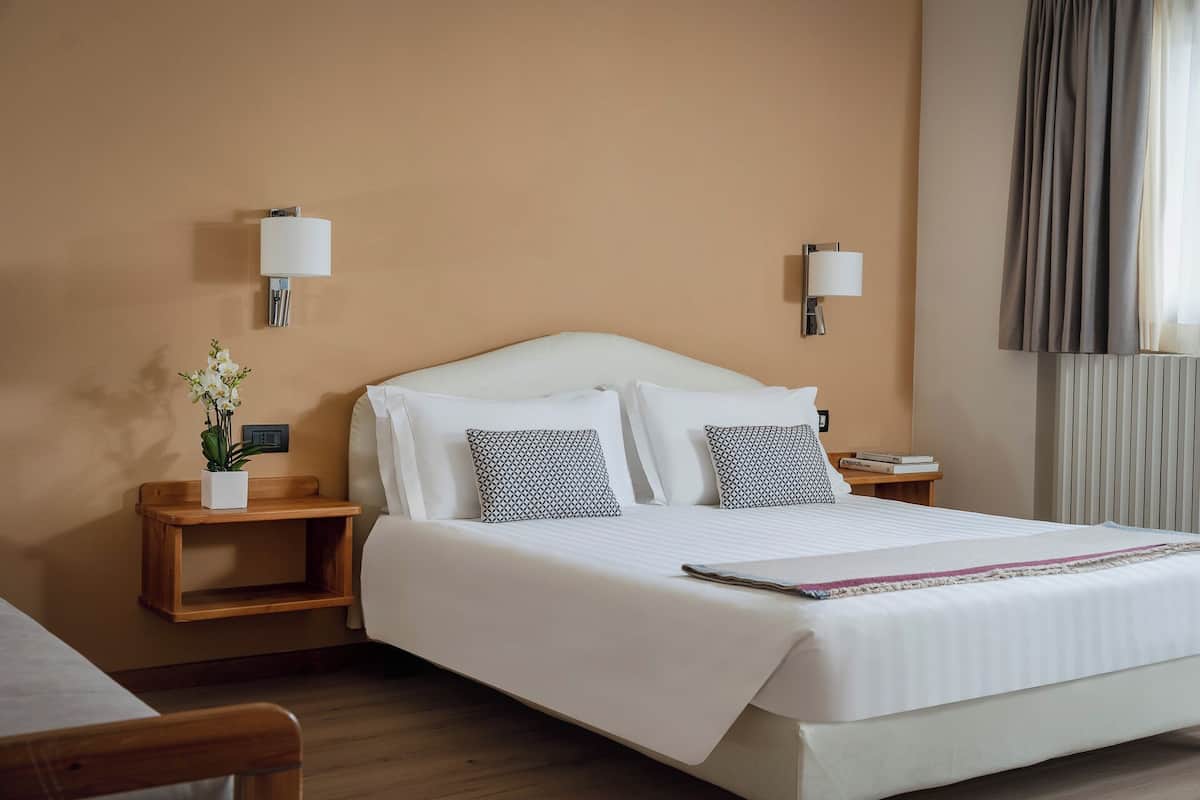 A hotel room with a large bed, two bedside tables, a nightstand, a potted plant, and a window with curtains.