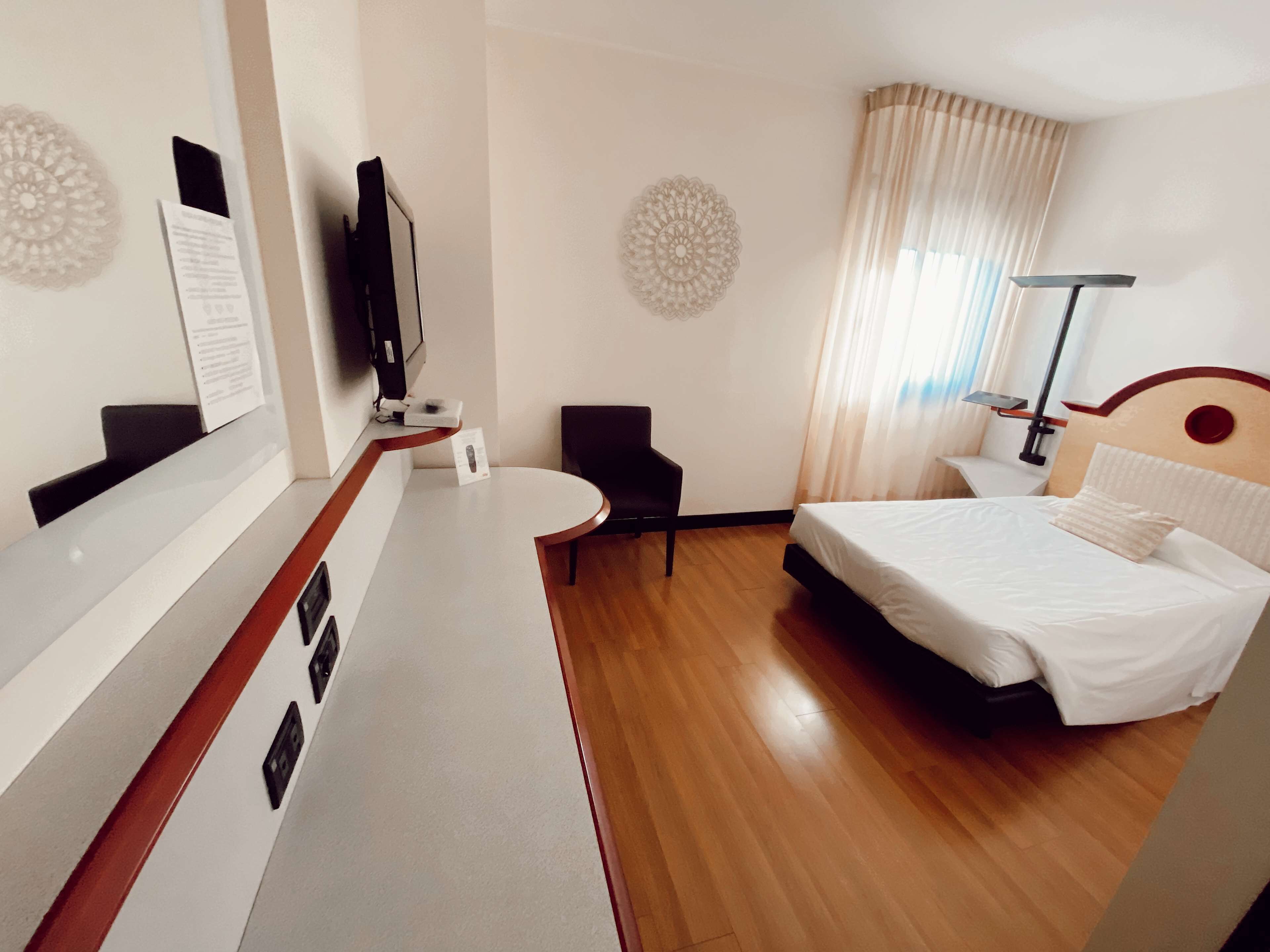 A hotel room with a bed, a desk, a chair, a television, and a decorative wall piece.