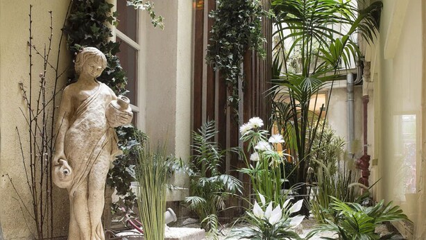 A statue in a garden with various plants and a wooden fence. - Hôtel Louvre Bons Enfants (Paris)