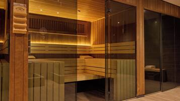 A sauna room with wooden benches and a glass partition.