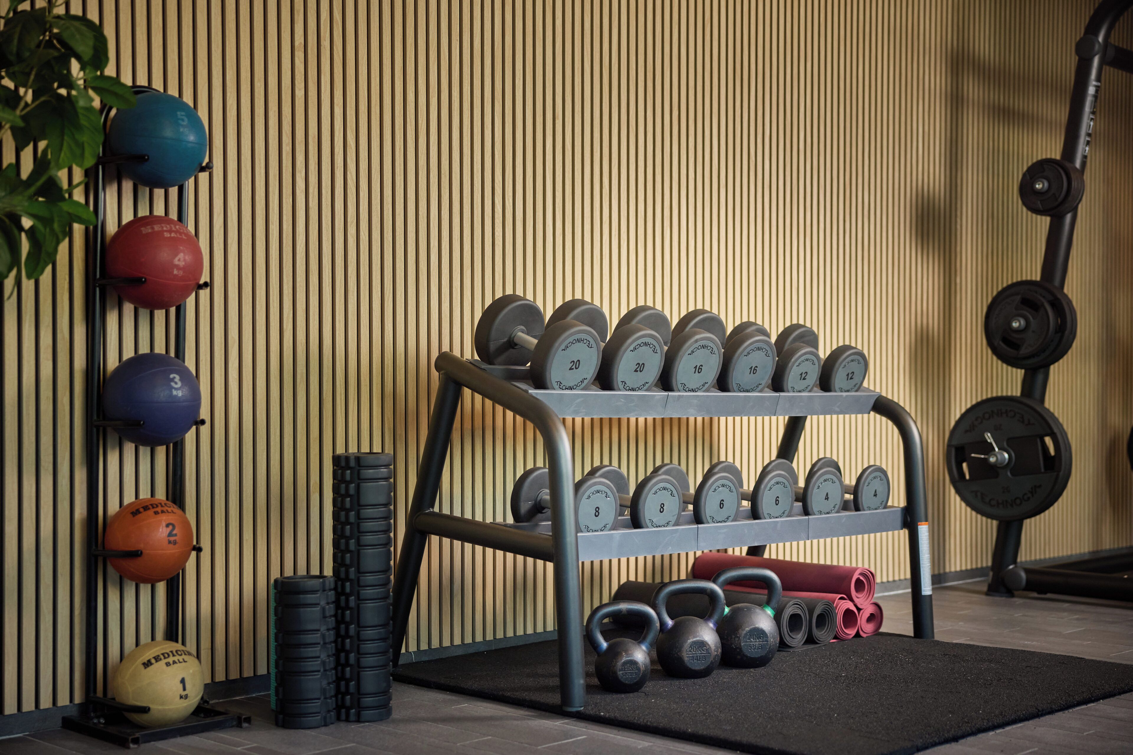 Uma academia com um suporte de halteres, bolas de medicina e kettlebells.