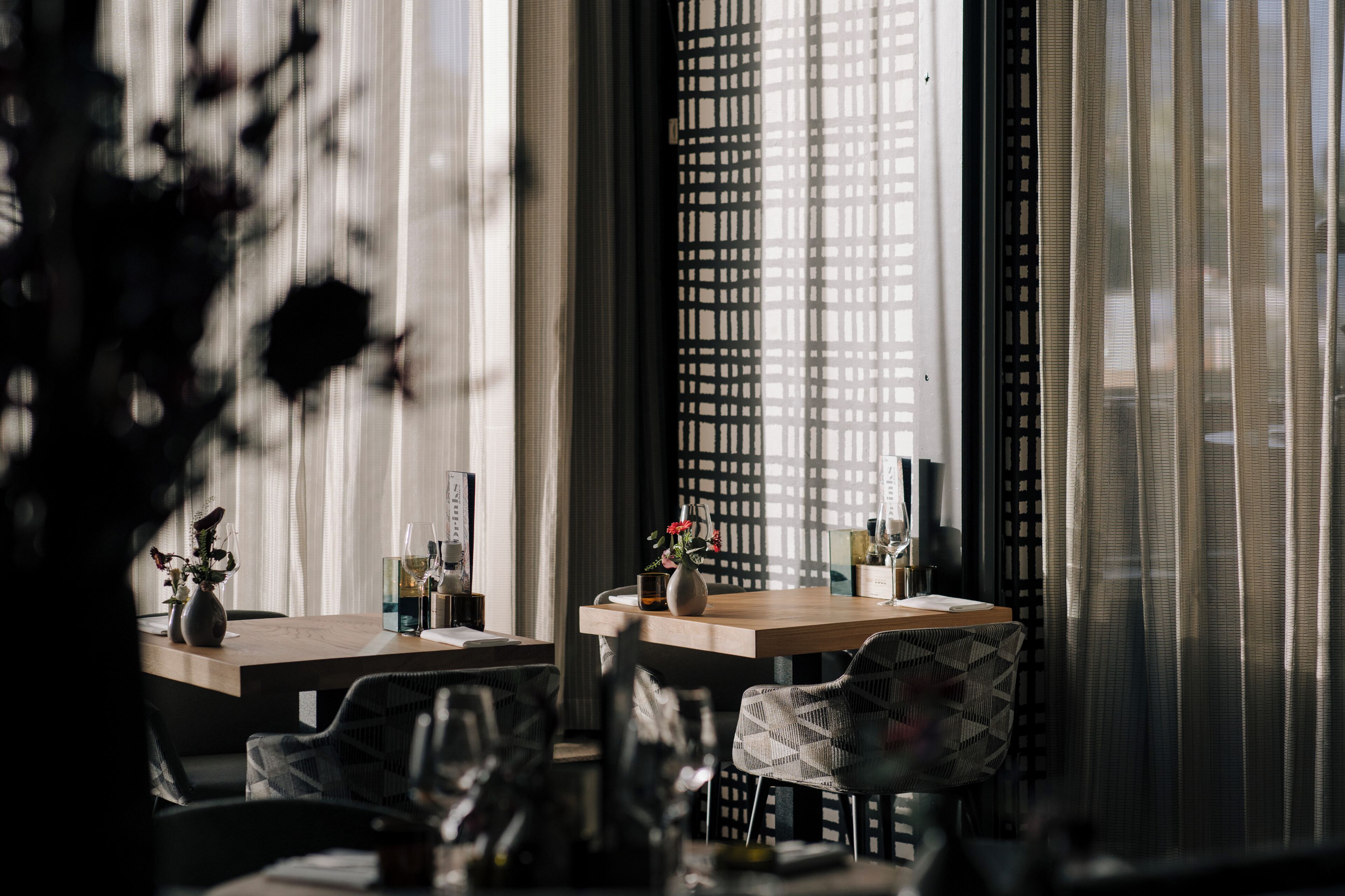 A dining area with a table and chairs, a window with blinds, and a decorative plant.