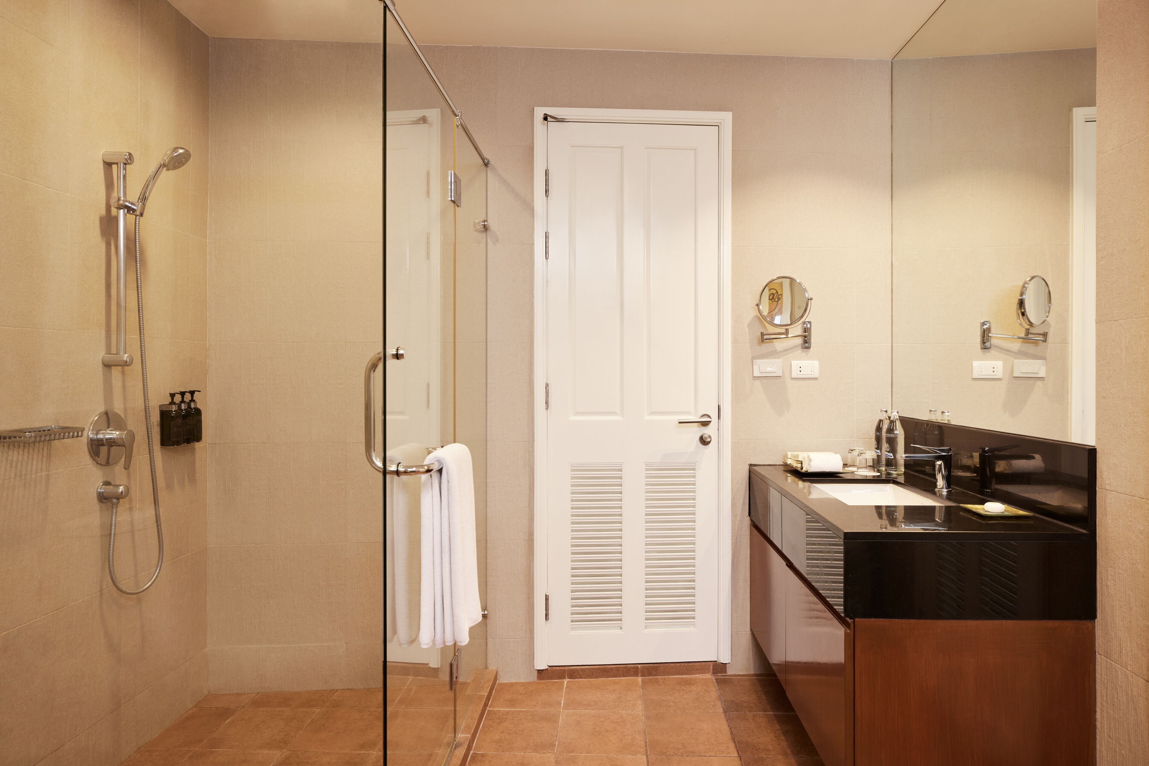 A modern bathroom with a glass shower enclosure, a white door, and a black countertop with a mirror.