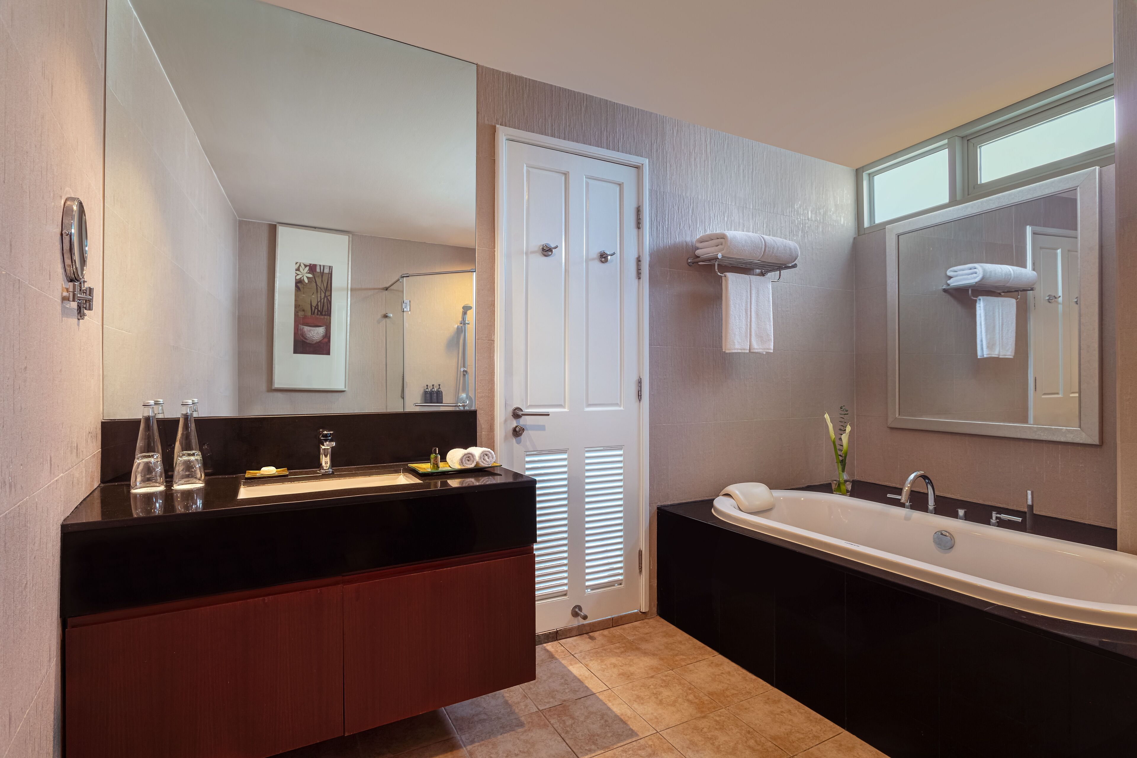 separate bathtub and shower, deep-soaking bathtub, free toiletries