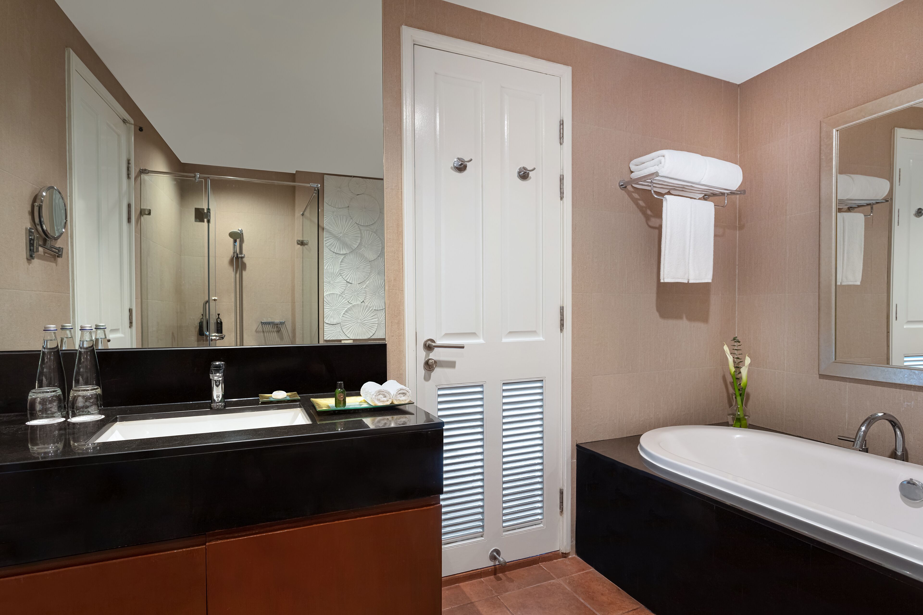 separate bathtub and shower, deep-soaking bathtub, free toiletries