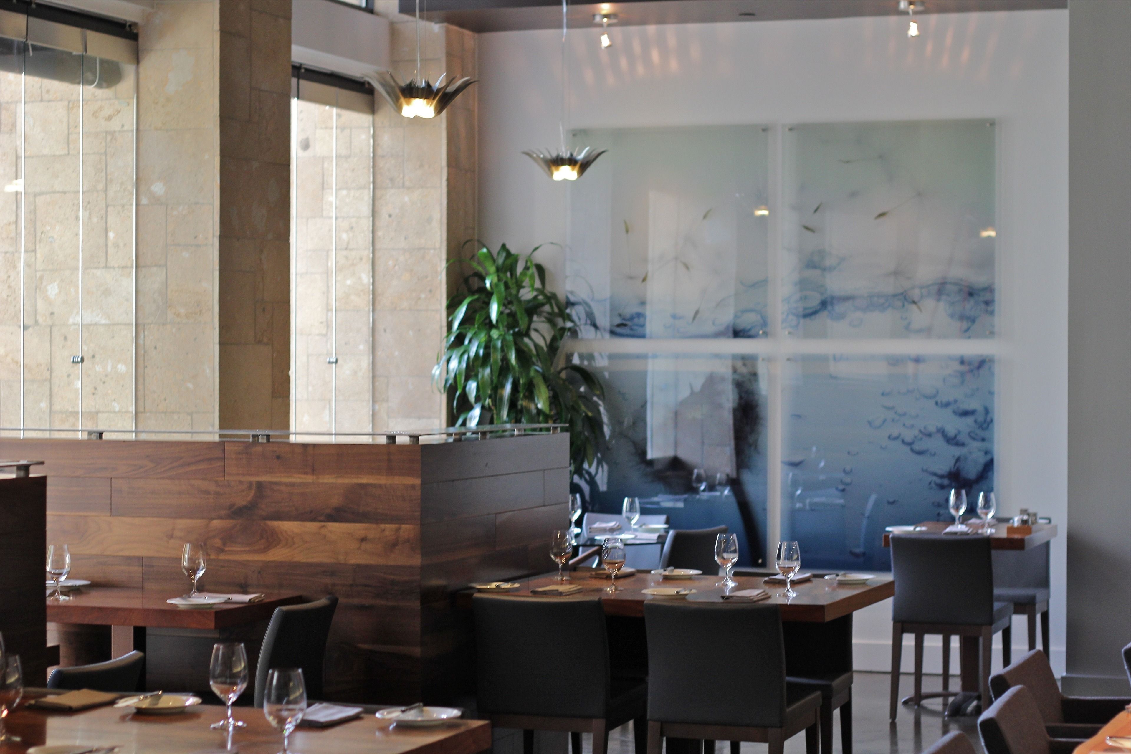 A restaurant with wooden tables and chairs, a large potted plant, and a view of the ocean through a glass wall.
