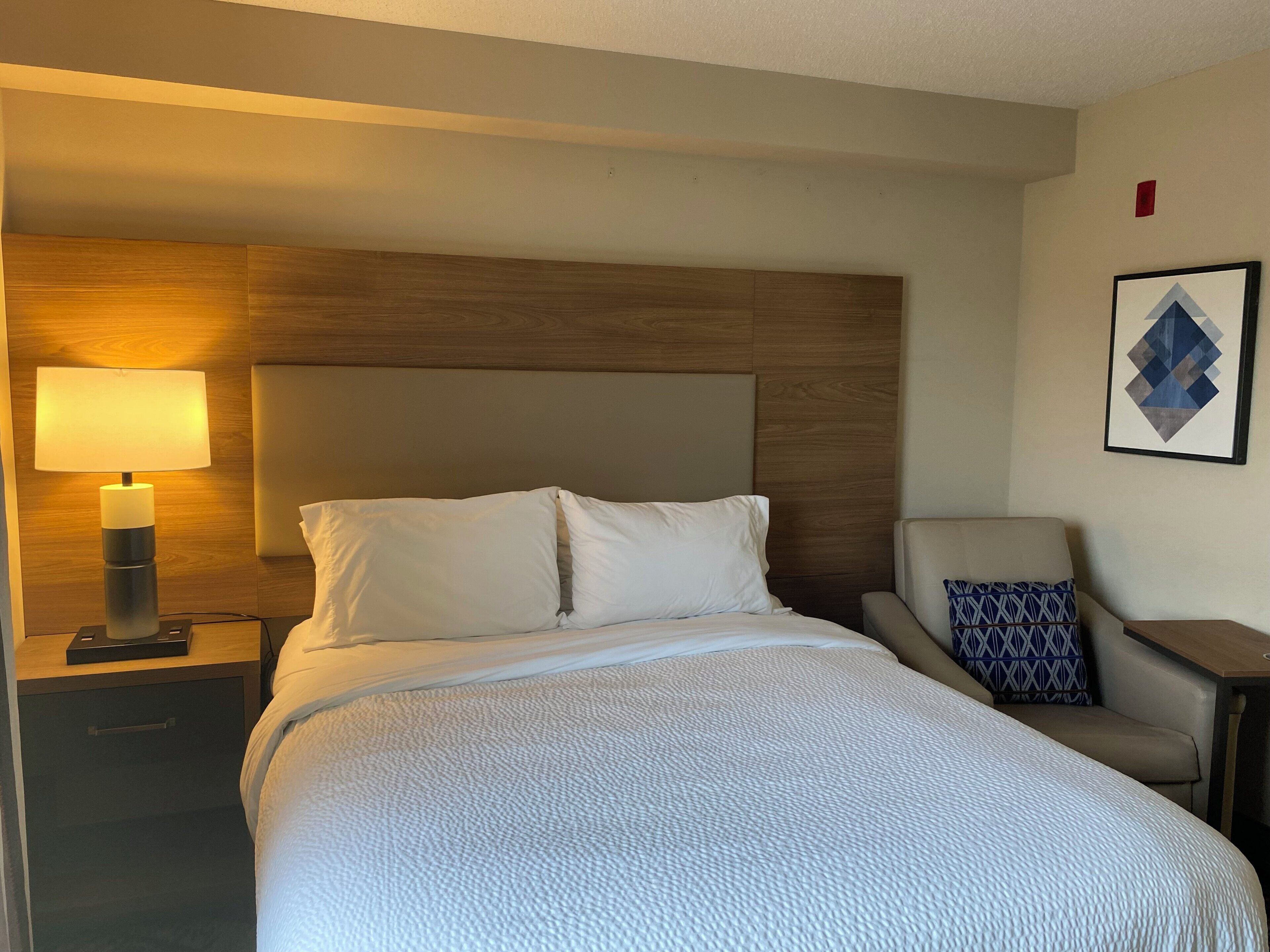 A hotel room with a bed, a nightstand with a lamp, a chair, and a wall-mounted picture.