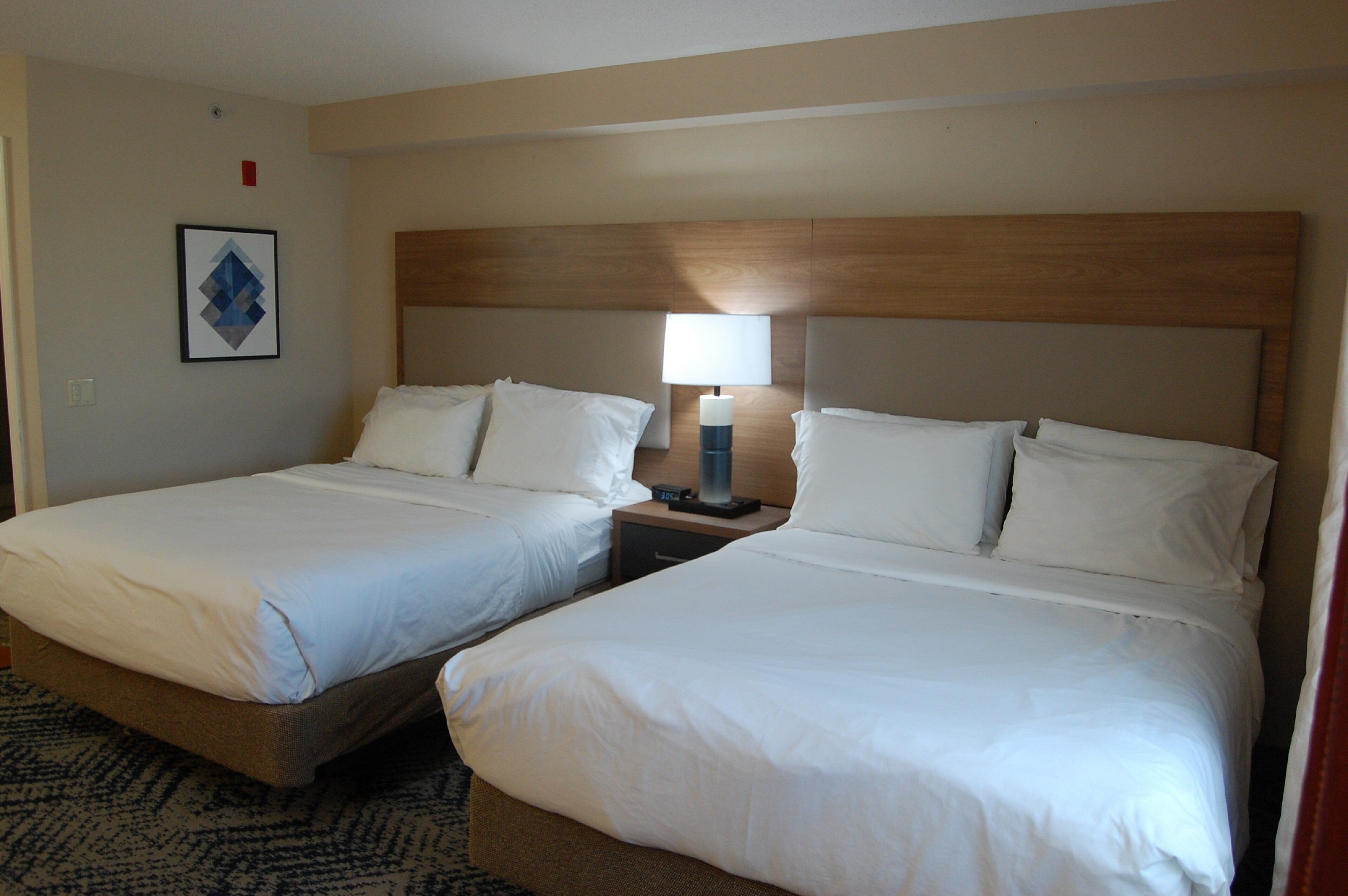 A hotel room with two beds, a nightstand, a lamp, and a framed picture on the wall.