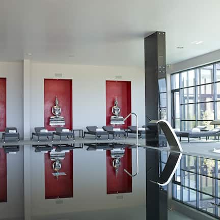 Indoor pool, outdoor pool, pool umbrellas, sun loungers