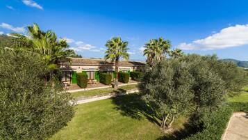 A Mediterranean-style villa with a tiled roof, surrounded by lush greenery and palm trees.