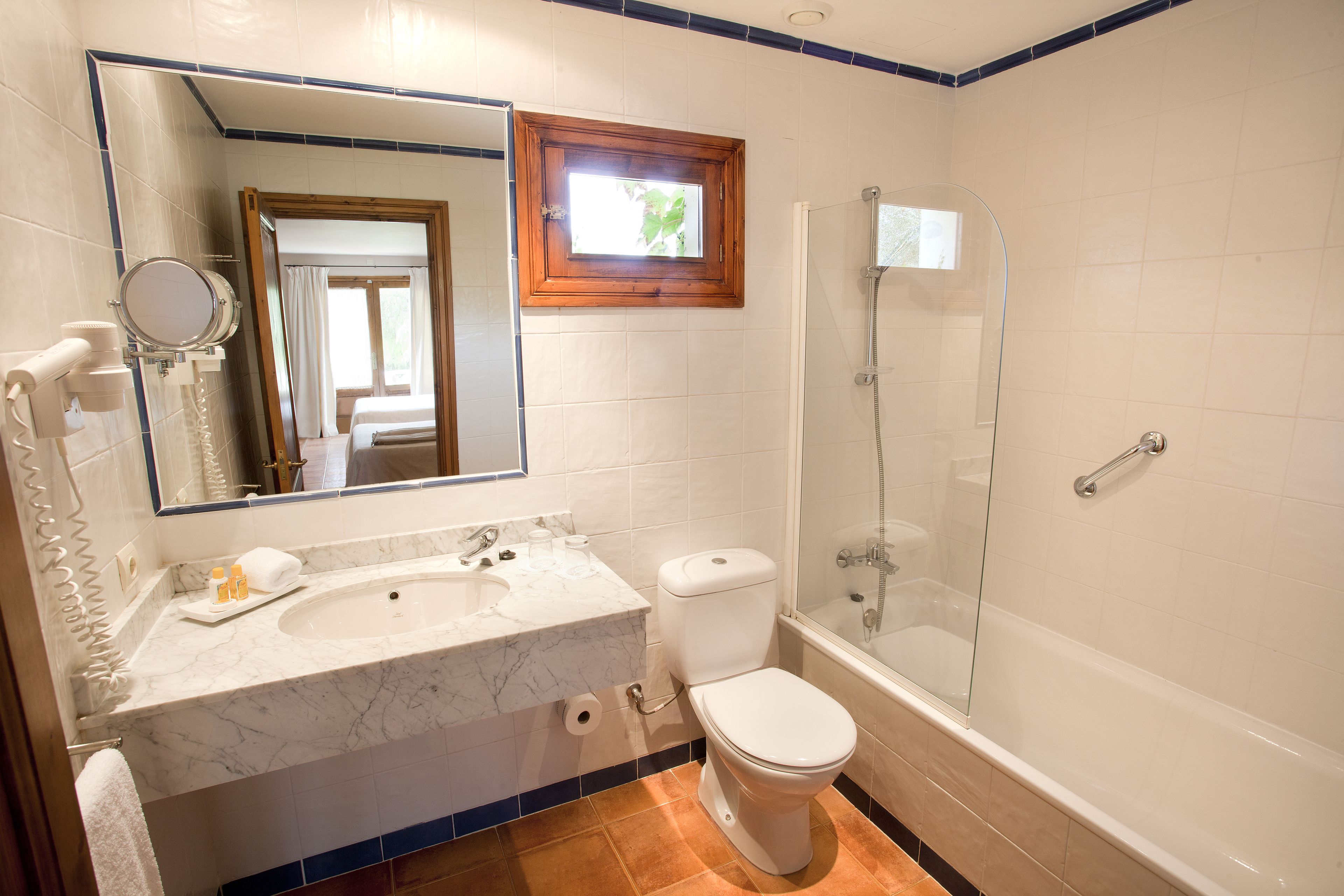 combined shower/bathtub, free toiletries, hair dryer, bidet